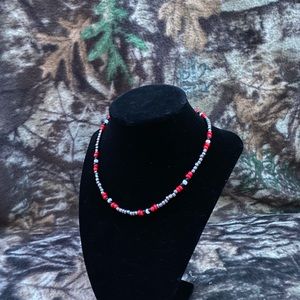 silver red black and white beaded choker necklace